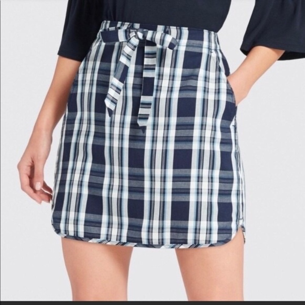 NWT Women's Draper James Plaid Drawstring Mini Skirt Large Blue Pockets Cute